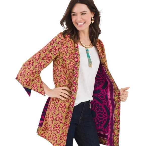 Chico's NWOT Satin Paisley Printed Reversible Open Front Kimono Duster Jacket - Picture 2 of 10
